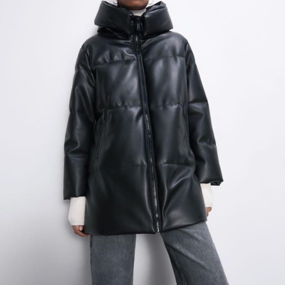 Zara Black Faux Leather Puffer Jacket